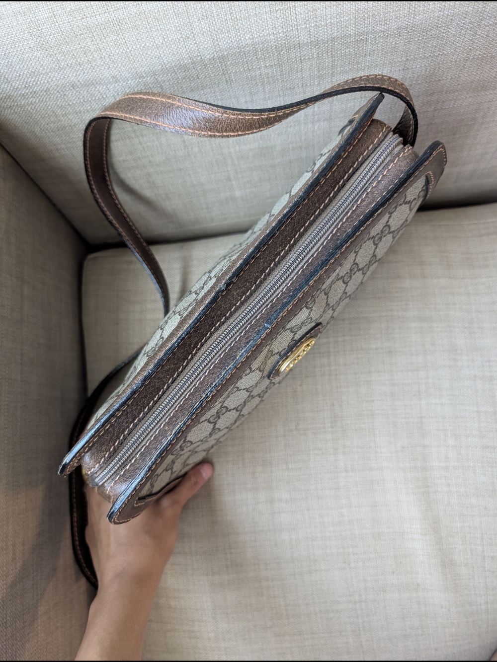 Gucci Beige GG Canvas Crossbody with Brown Leather Trim - Picture 6 of 9